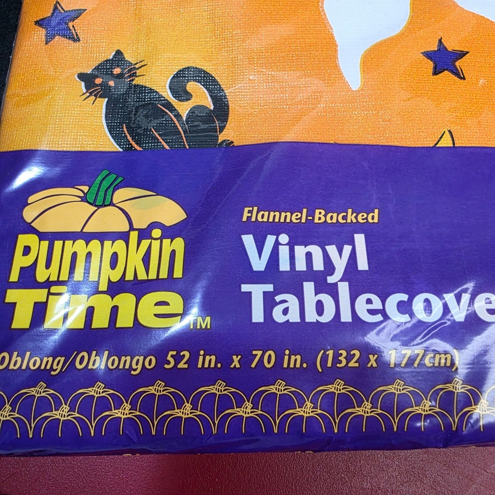 Pumpkin Time Tablecloth Unisex 52x70 Orange Halloween Ghost Cat Vinyl Oblong - Picture 2 of 6